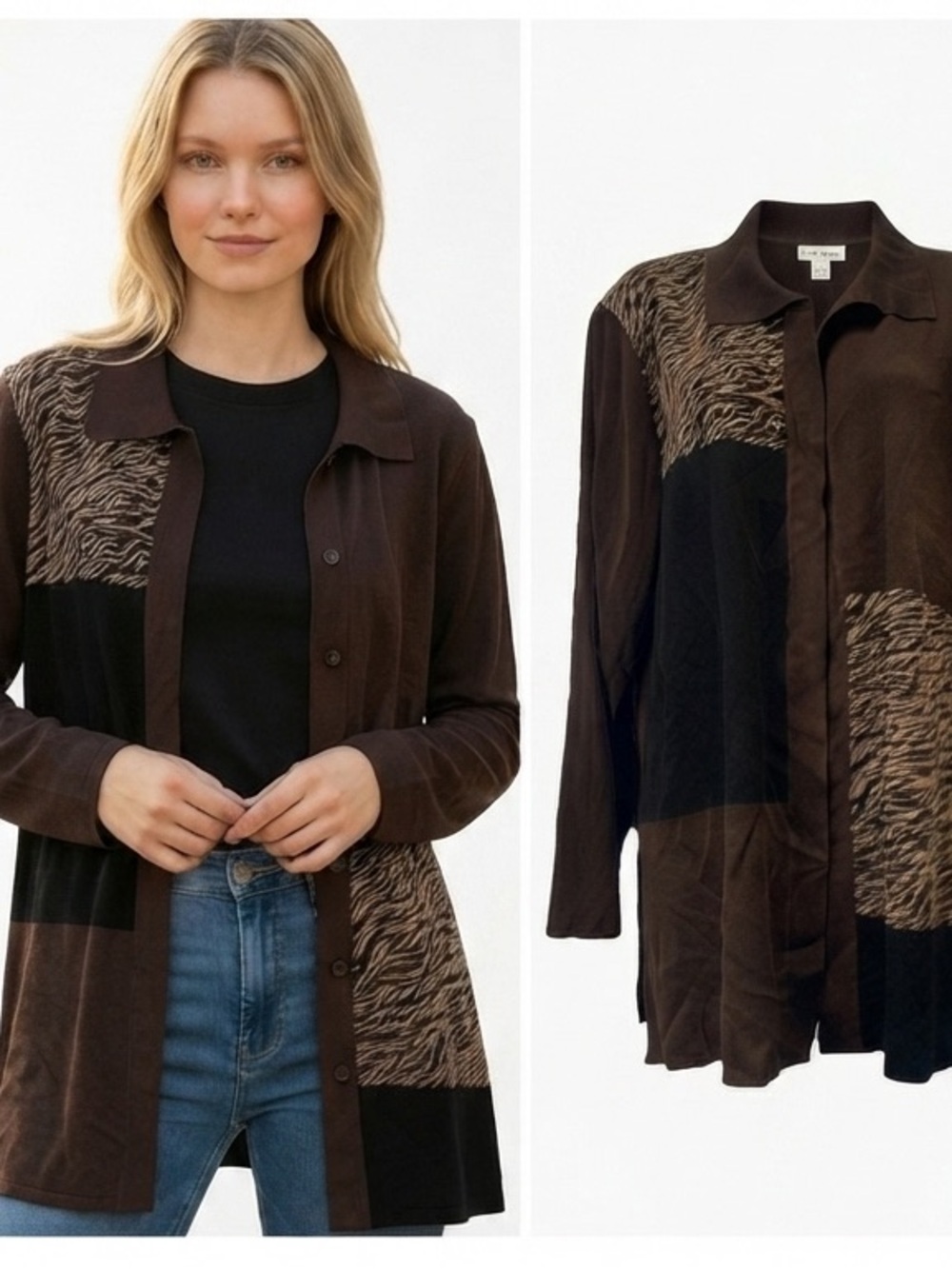 EXCLUSIVELY MISOOK 2X Vtg Signature Knit Colorblock Open Front Duster Sweater